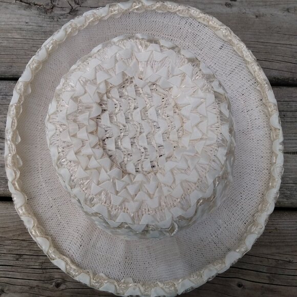 Vintage 60s White Hat Ribbon Velvet Bow Aurora Borealis - Picture 6 of 9